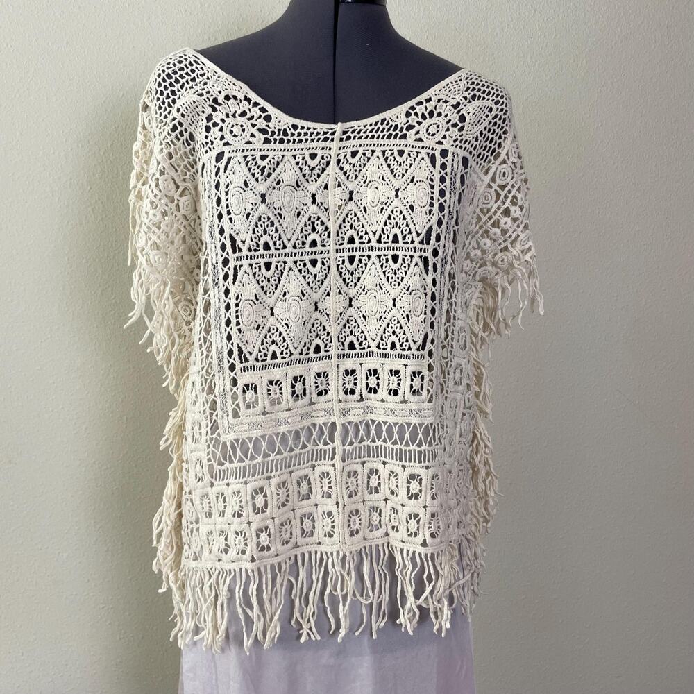 y2K vintage 2000s crochet fringe poncho blouse festival boho hippie fairy